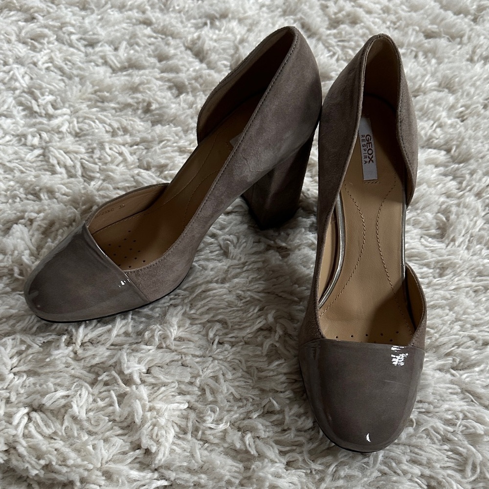 GEOX Feminine Women's Taupe Suede & Patent D'Orsay Heels SZ 5.5 Dancing Date EUC